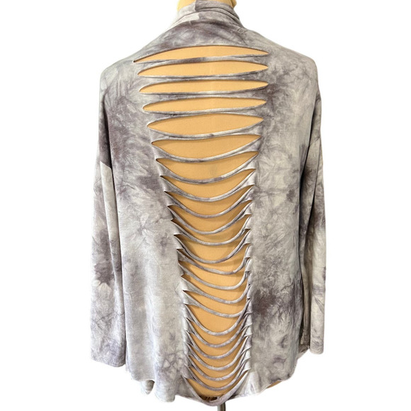 Dolled Up by F.A.N.G Lattice Back Cardigan Size S Gray White Tie Dyed - Picture 3 of 10